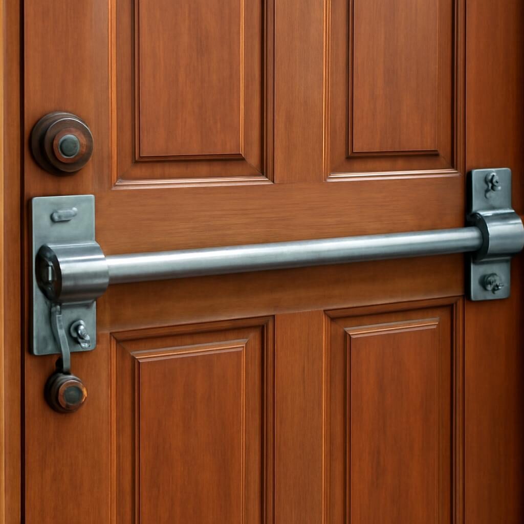Barre de sécurité anti-effraction en acier installée en travers d'une porte d'entrée en bois