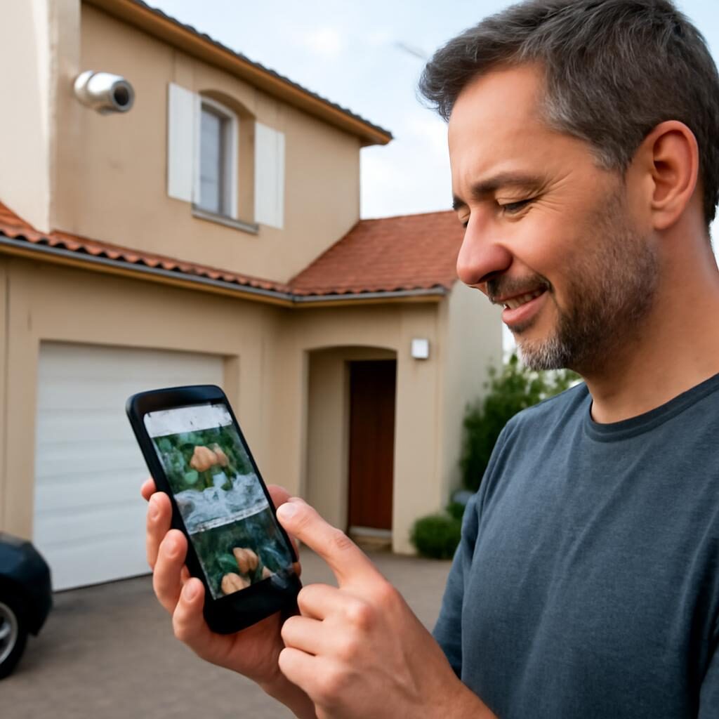 Propriétaire consultant les images en direct de ses caméras extérieures sur smartphone