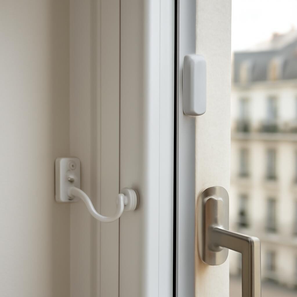 Fenêtre sécurisée avec bloque-fenêtre, alarme magnétique et poignée renforcée