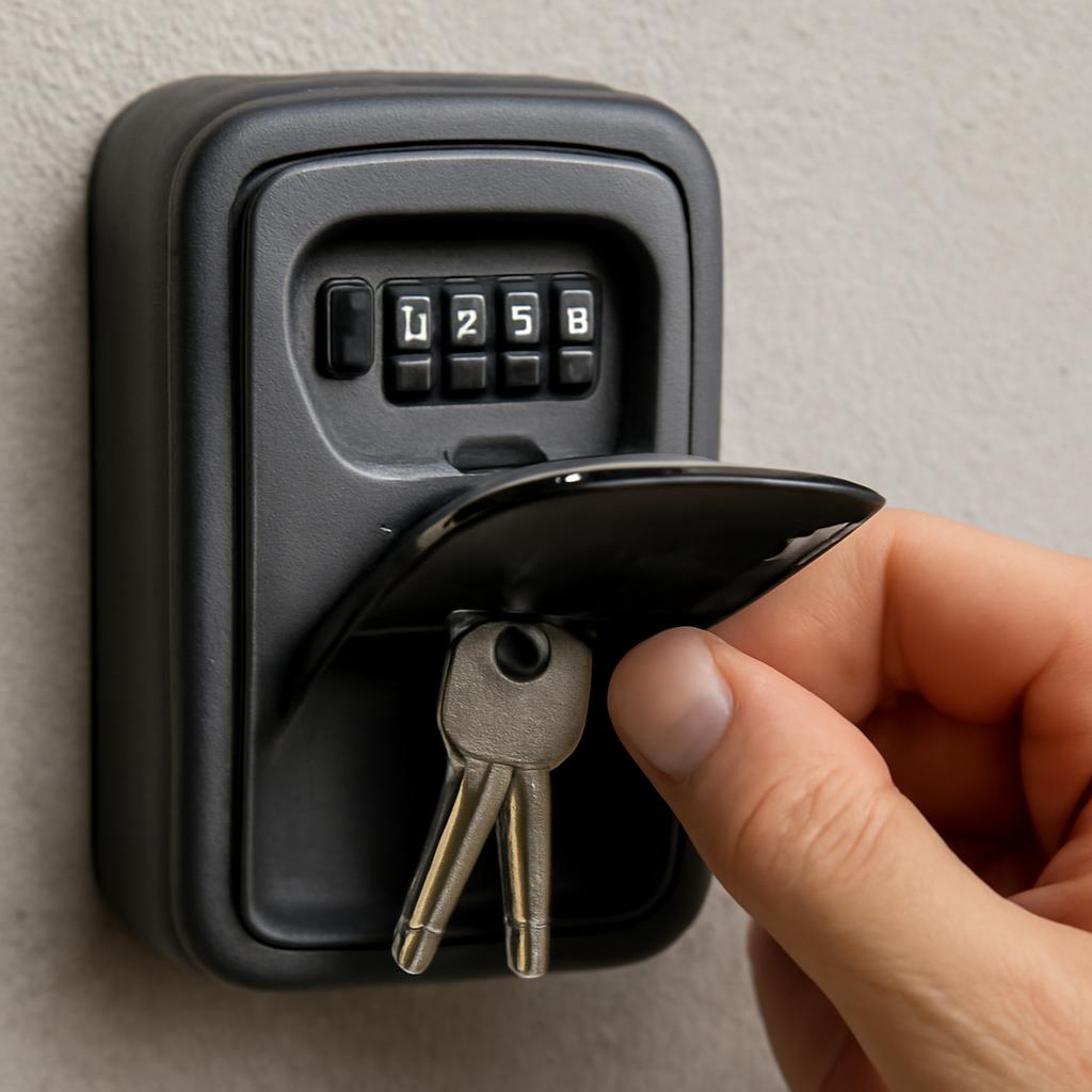 Coffret à clés à combinaison ouvert montrant les clés de maison à l'intérieur