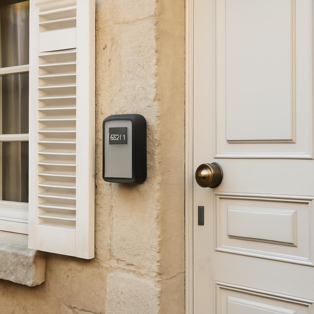 Boîte à clés sécurisée montée à côté d'une porte d'entrée de maison française pour location