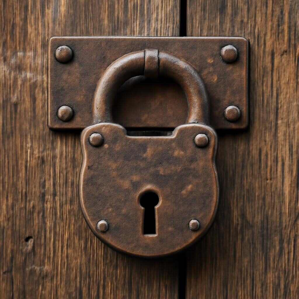 Cadenas sur ancienne porte — sécurité en applique
