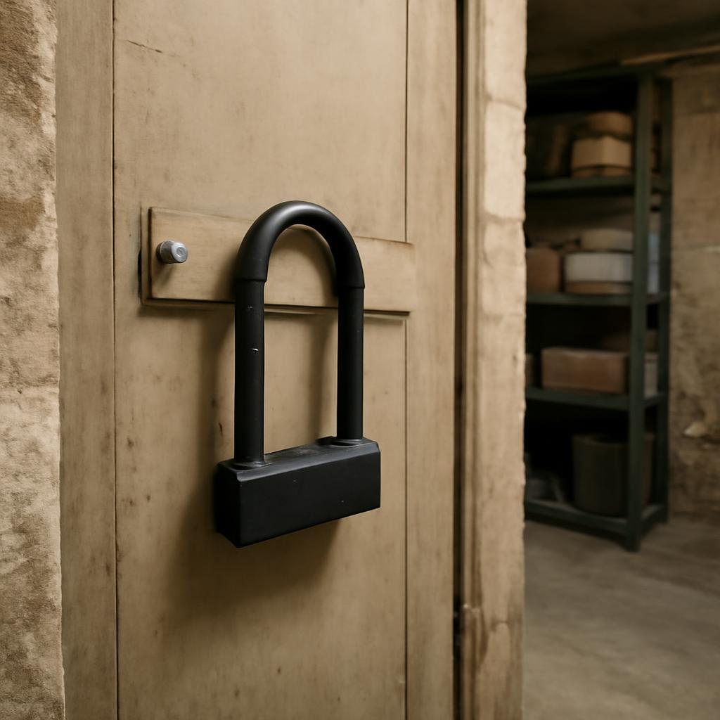 Cadenas en U verrouillant une porte de cave dans un immeuble parisien