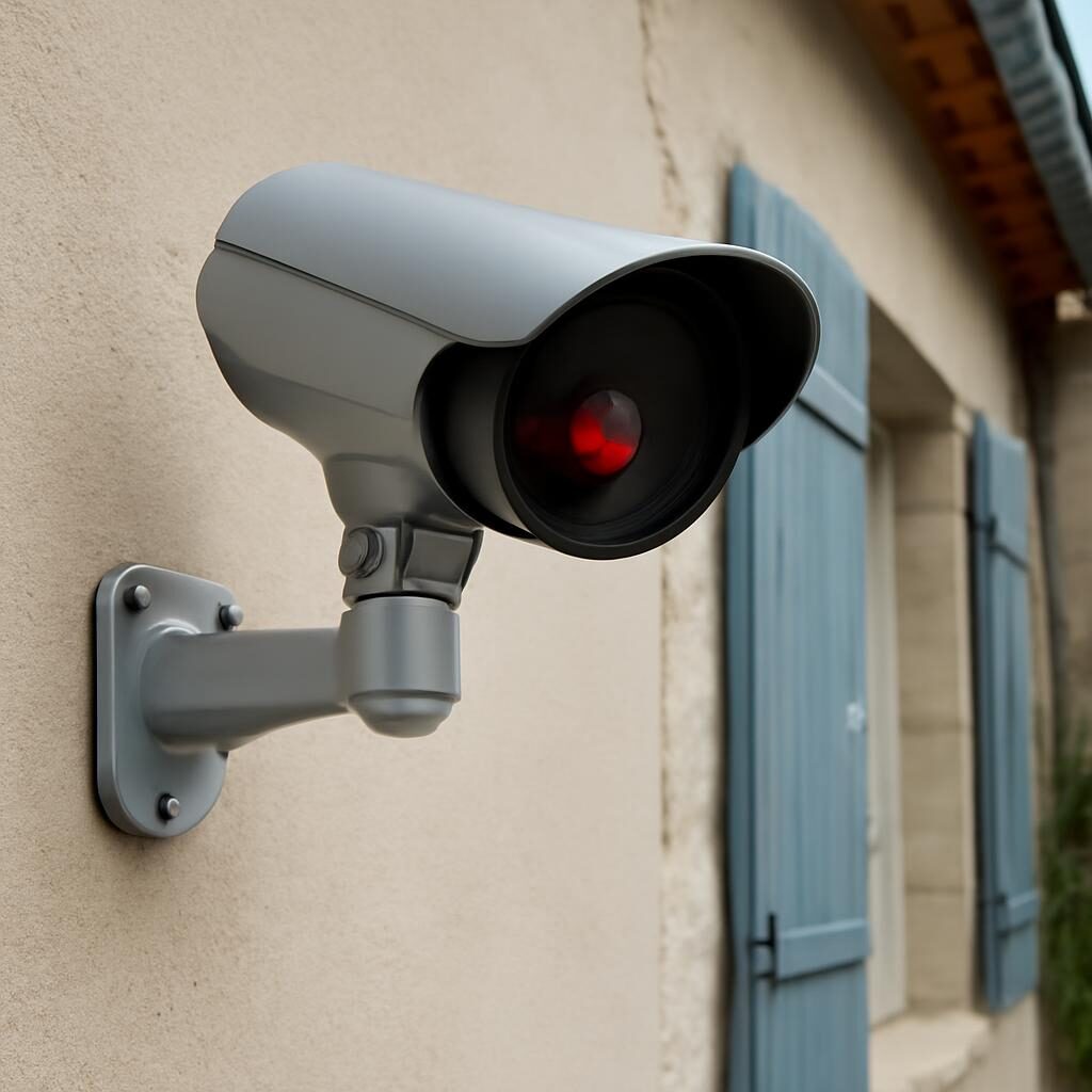 Caméra factice leurre réaliste installée sur façade de maison avec LED clignotante