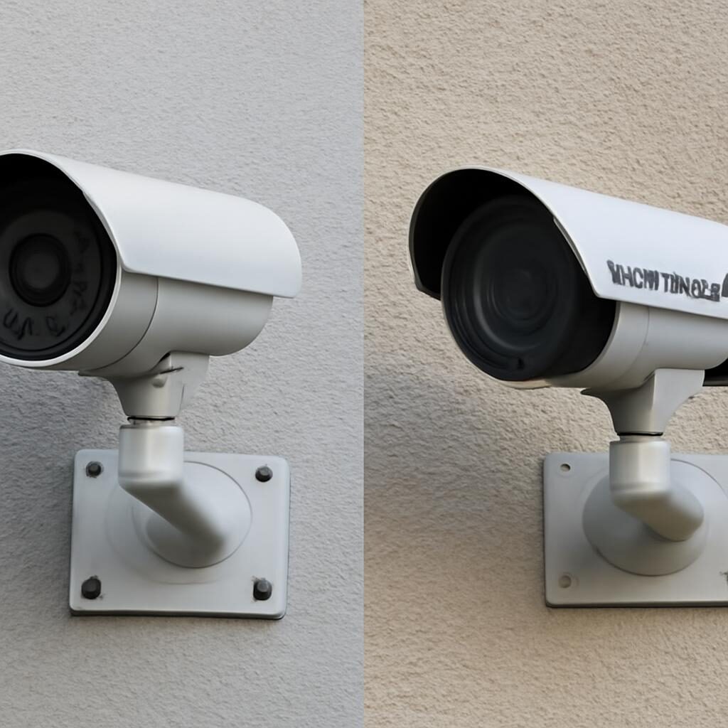 Comparaison côte à côte d'une vraie caméra et d'une caméra factice sur un mur