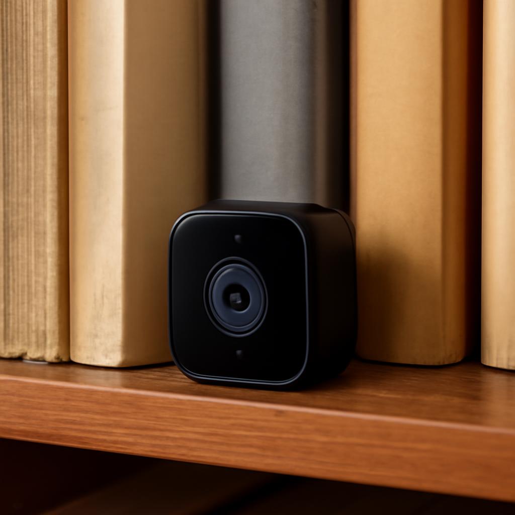 Petite caméra wifi discrète installée entre des livres sur une bibliothèque domestique