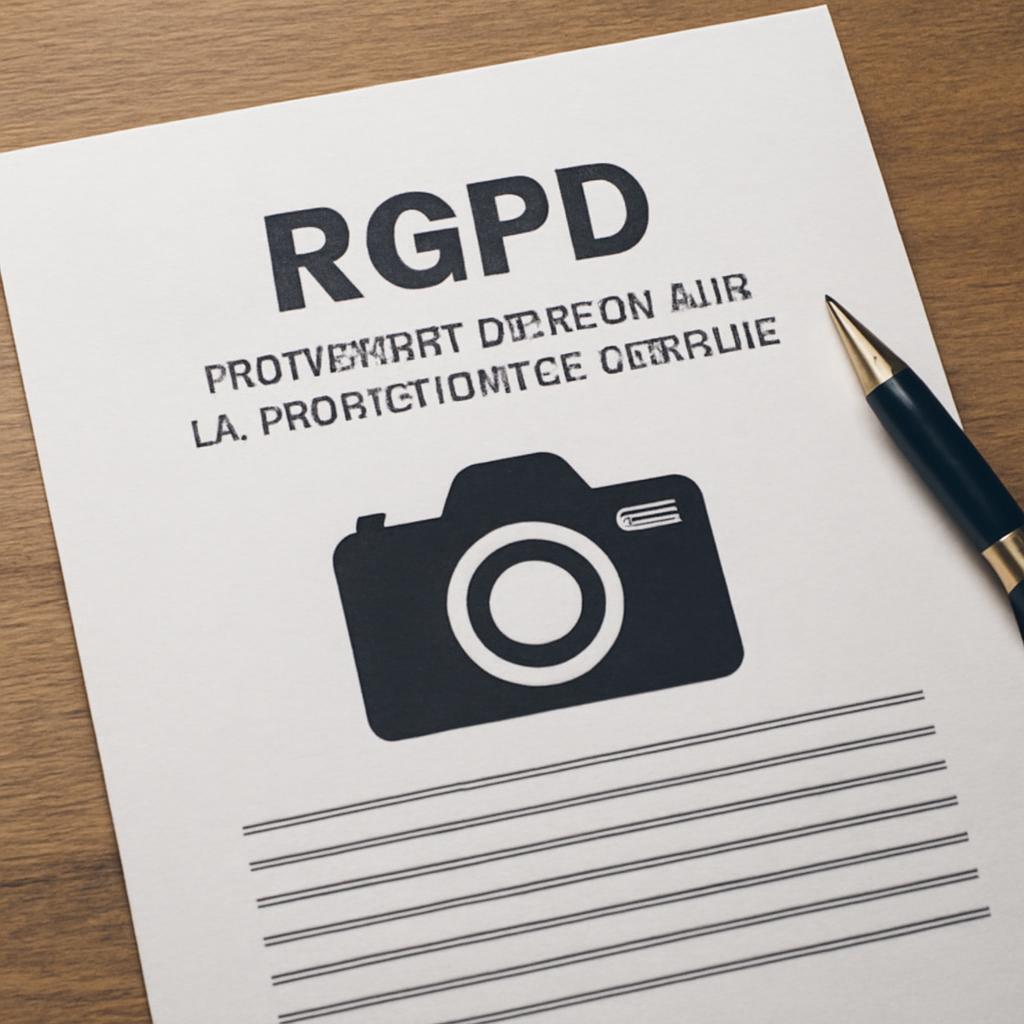 Document RGPD et icône caméra — conformité légale et protection des données personnelles