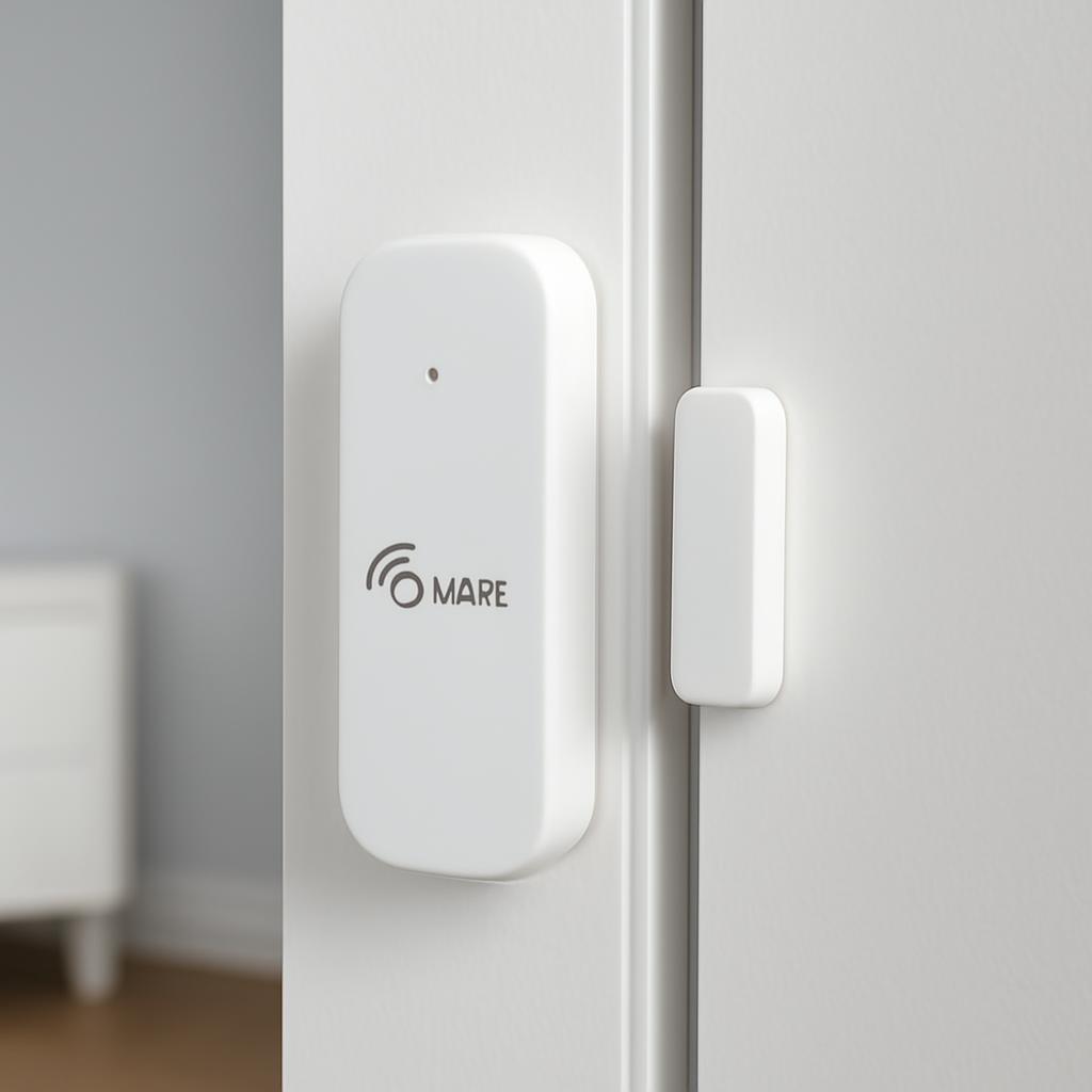 Détecteur ouverture porte Z-Wave monté sur encadrement blanc