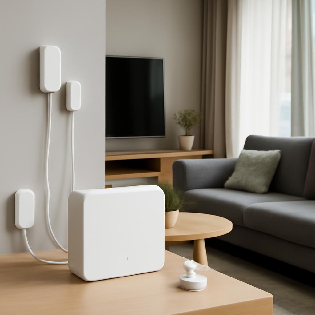 Hub domotique relié à plusieurs détecteurs de portes et fenêtres en salon