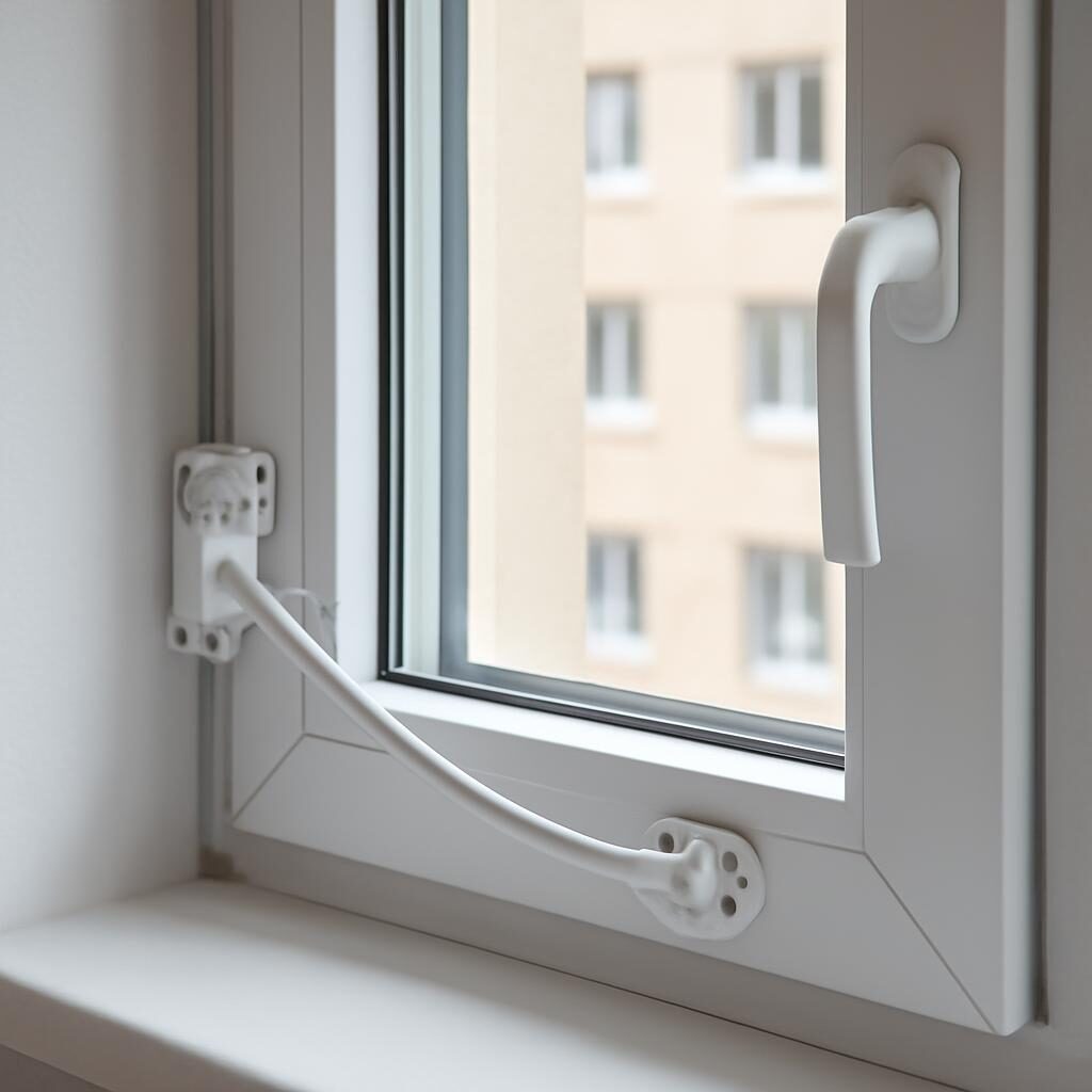Entrebailleur de sécurité installé sur un châssis de fenêtre blanche permettant une ventilation limitée