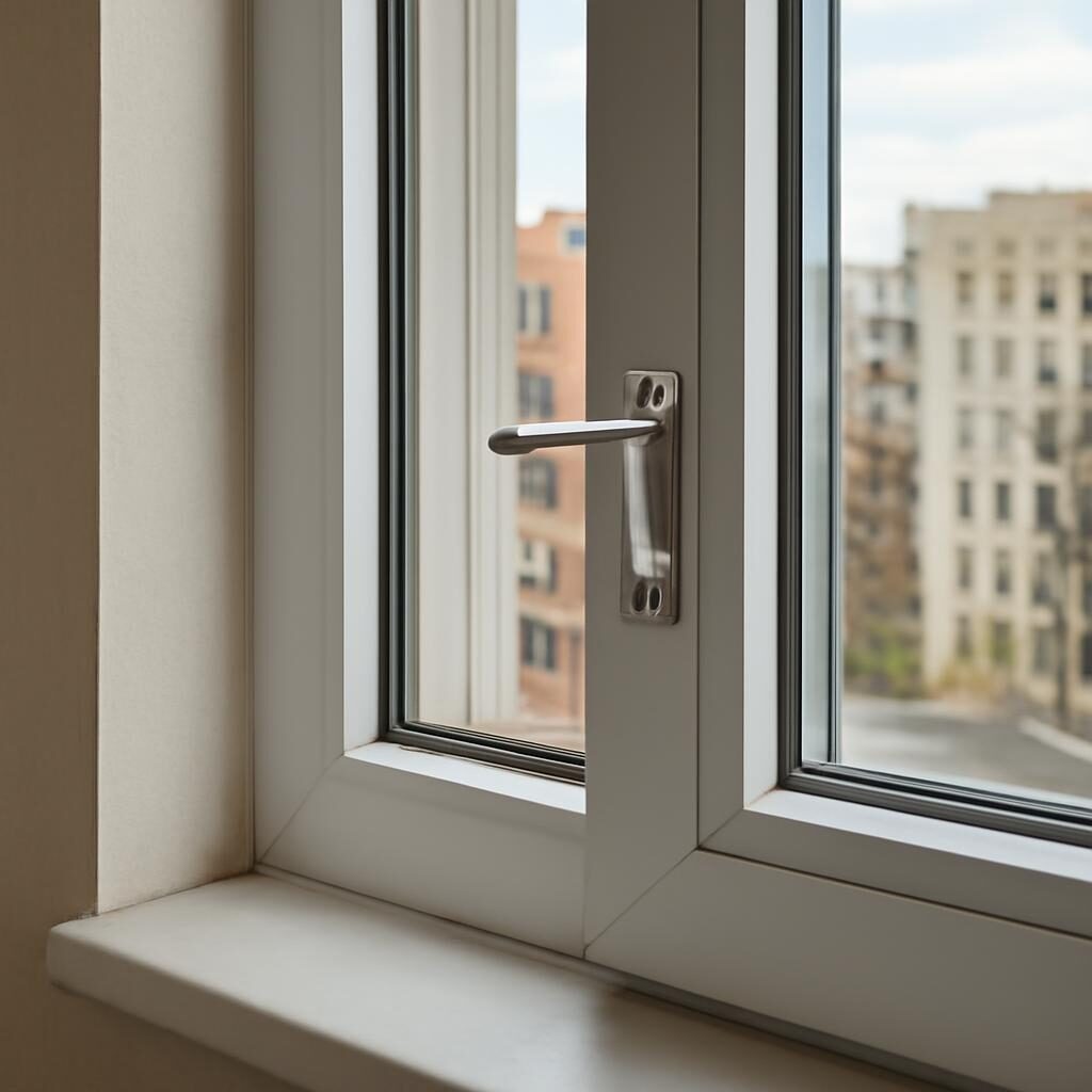 Fenêtre entrouverte avec entrebailleur de sécurité sur une largeur de 10 cm en appartement urbain