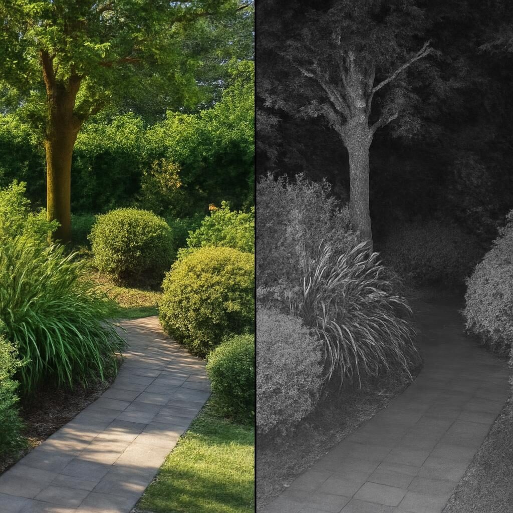 Comparaison vision diurne couleur vs vision nocturne infrarouge