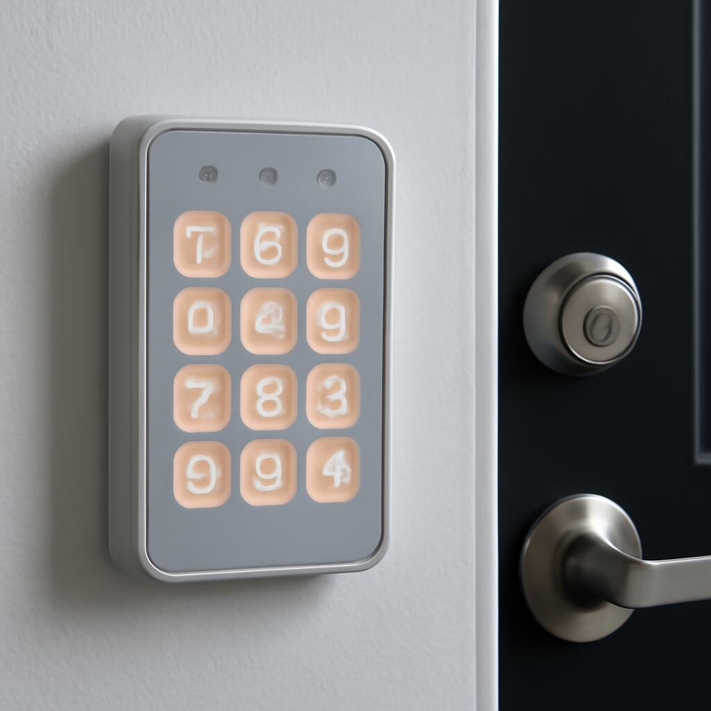 Clavier à code pour alarme maison installé sur mur blanc près de la porte d'entrée
