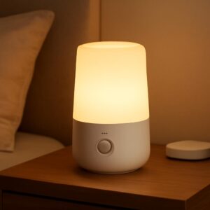 Lampe LED connectée avec détecteur de présence PIR sur table de chevet, lumière chaude