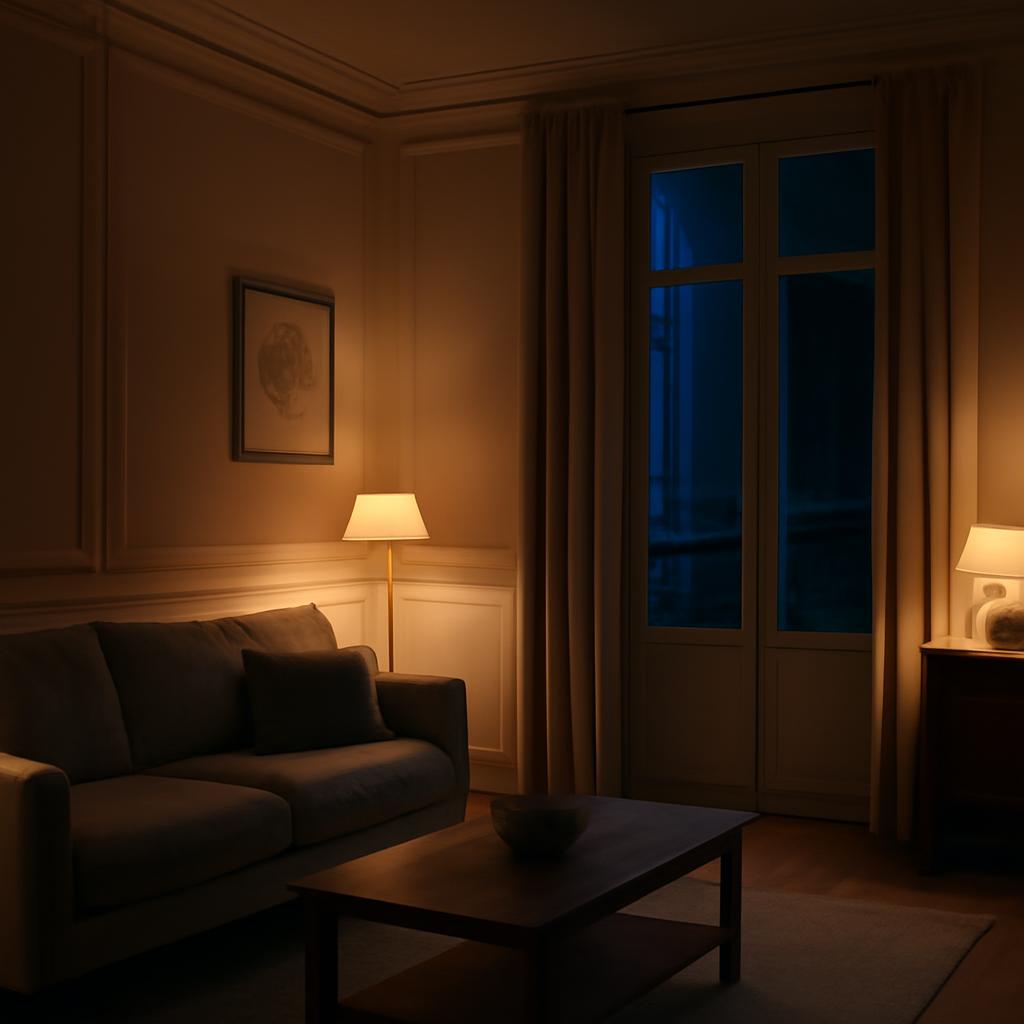 Intérieur de maison française la nuit avec lampes connectées allumées automatiquement pour simulation de présence