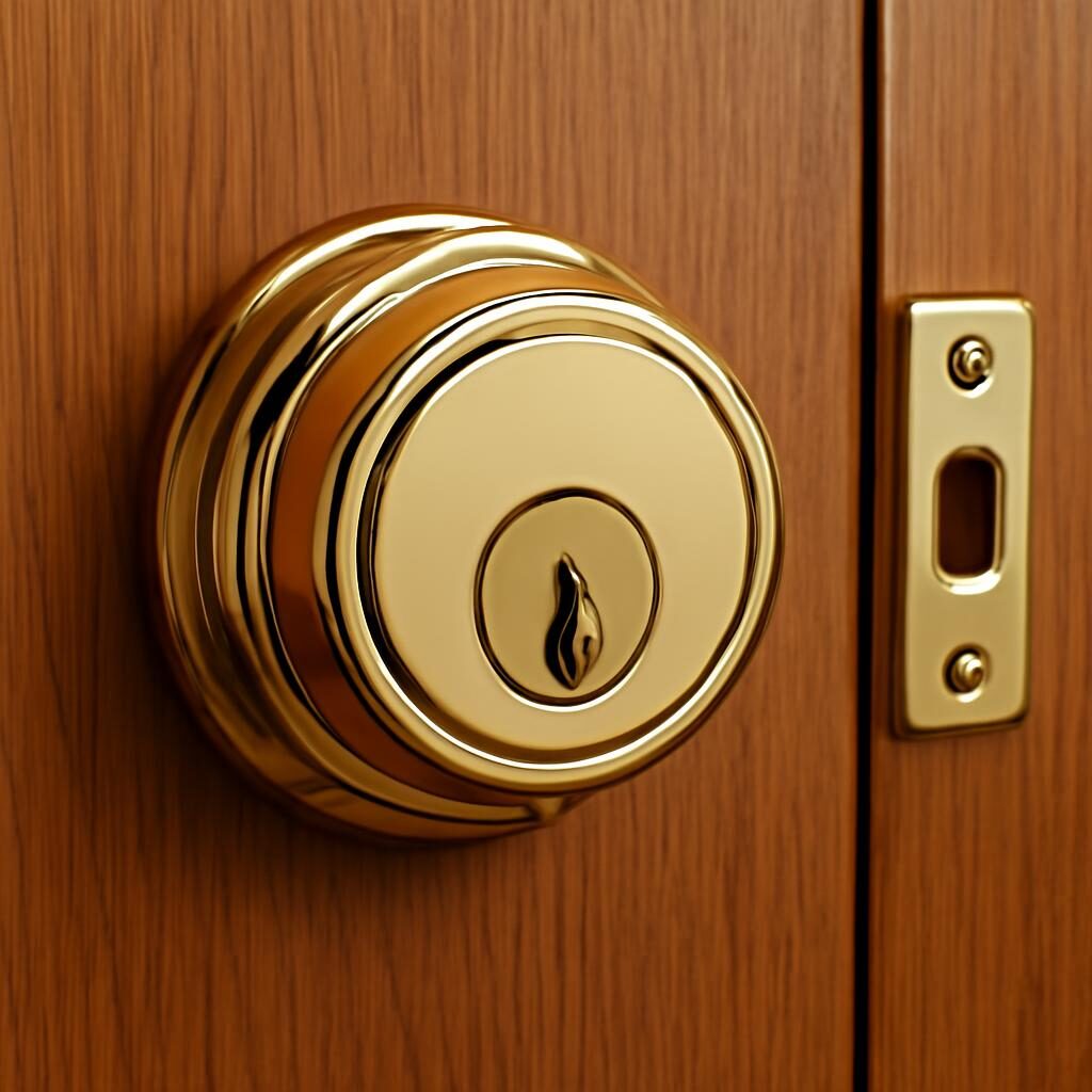 Serrure dorée de haute sécurité sur porte bois