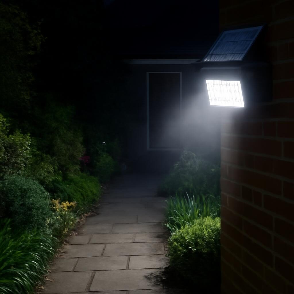Spot LED solaire avec détecteur de mouvement illuminant un chemin de jardin la nuit