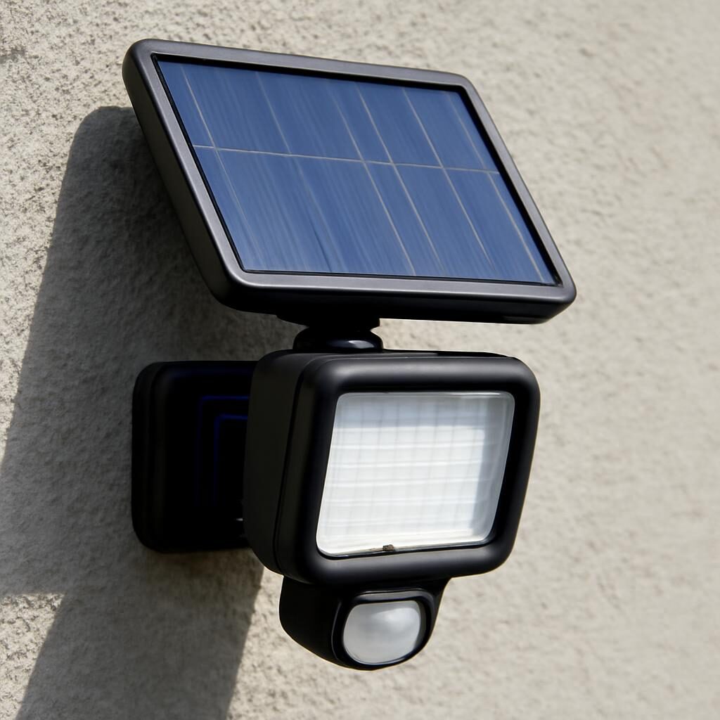 Gros plan du panneau solaire et du capteur PIR d'un spot LED extérieur mural en journée