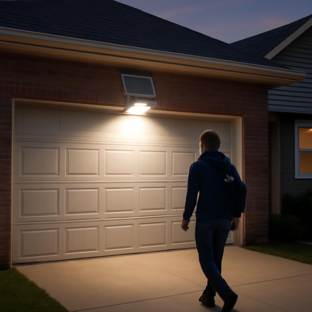Spot LED solaire éclairant l'entrée du garage au crépuscule déclenché par présence humaine