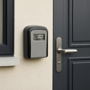 Boîte à clés sécurisée murale à code installée à côté d'une porte d'entrée de maison