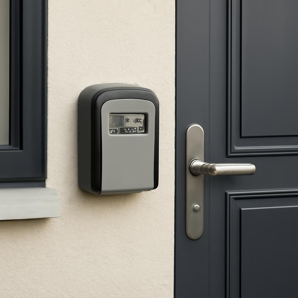 Boîte à clés sécurisée murale à code installée à côté d'une porte d'entrée de maison