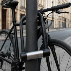Cadenas en U haute sécurité verrouillant un vélo à un poteau en milieu urbain