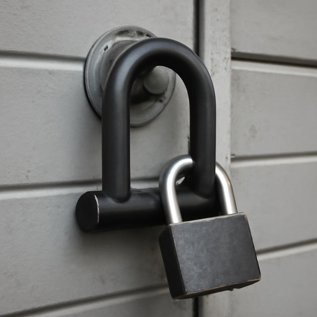 Cadenas en U sécurisant une porte de garage avec anneau d'ancrage renforcé