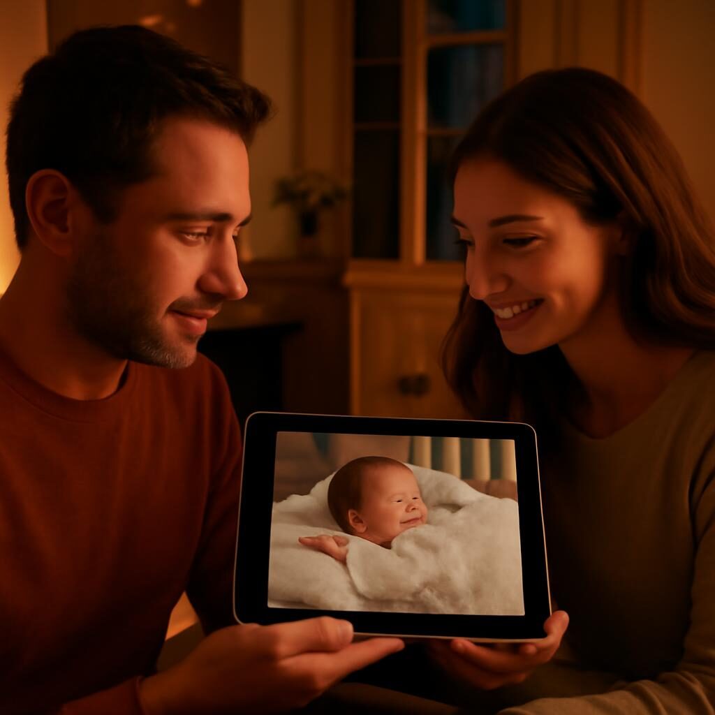 Parents consultant un babyphone hors cloud sur tablette