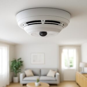Mini caméra cachée dissimulée dans un détecteur de fumée au plafond d'un intérieur moderne
