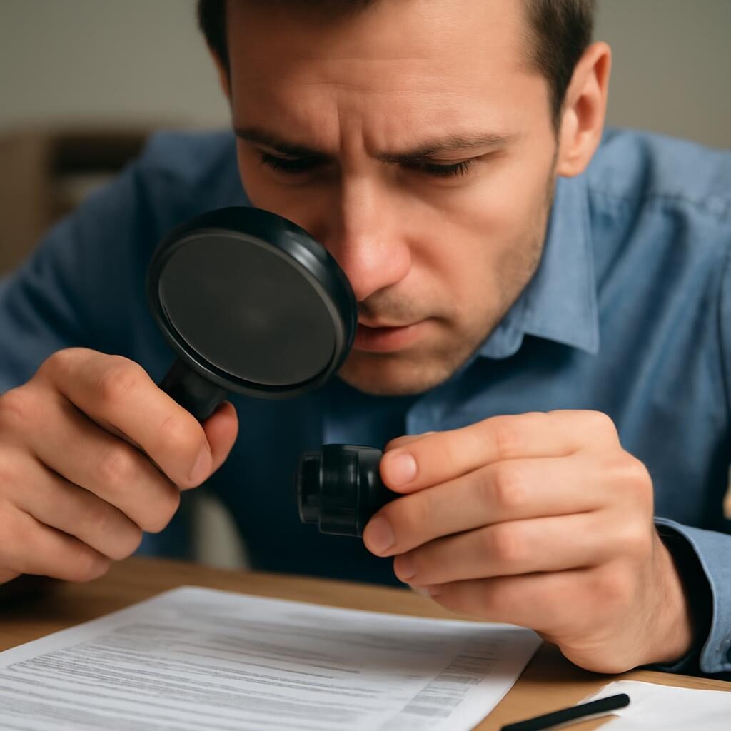 Personne examinant une caméra espion miniature avec une loupe sur un bureau