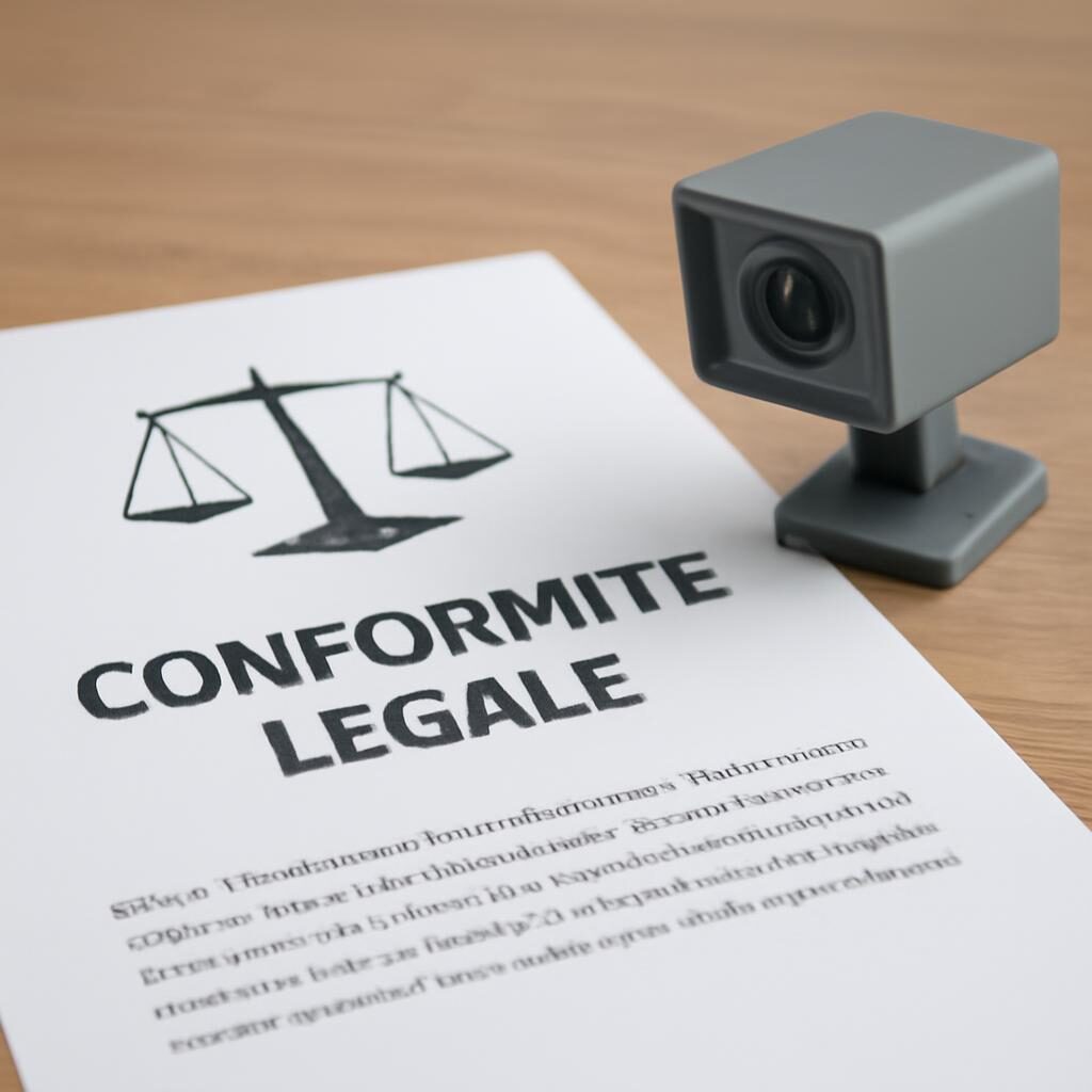 Document juridique avec balance de la justice à côté d'une caméra de surveillance discrète