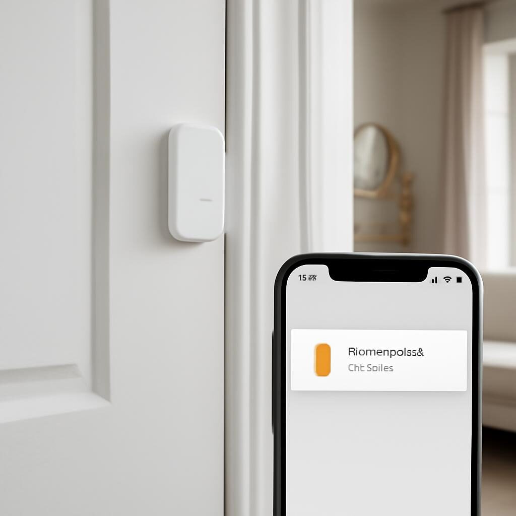 Détecteur d'ouverture de porte connecté installé sur un cadre de porte avec alerte smartphone