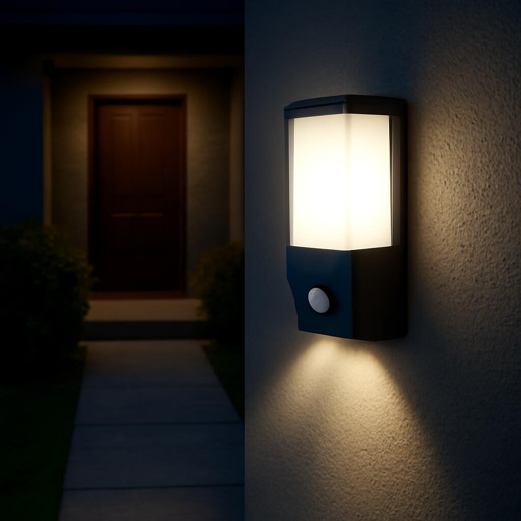 Applique extérieure connectée avec détecteur de mouvement illuminant l'entrée d'une maison la nuit